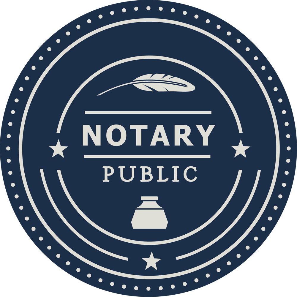 Blue and white notary seal with a feather, inkwell, and text 